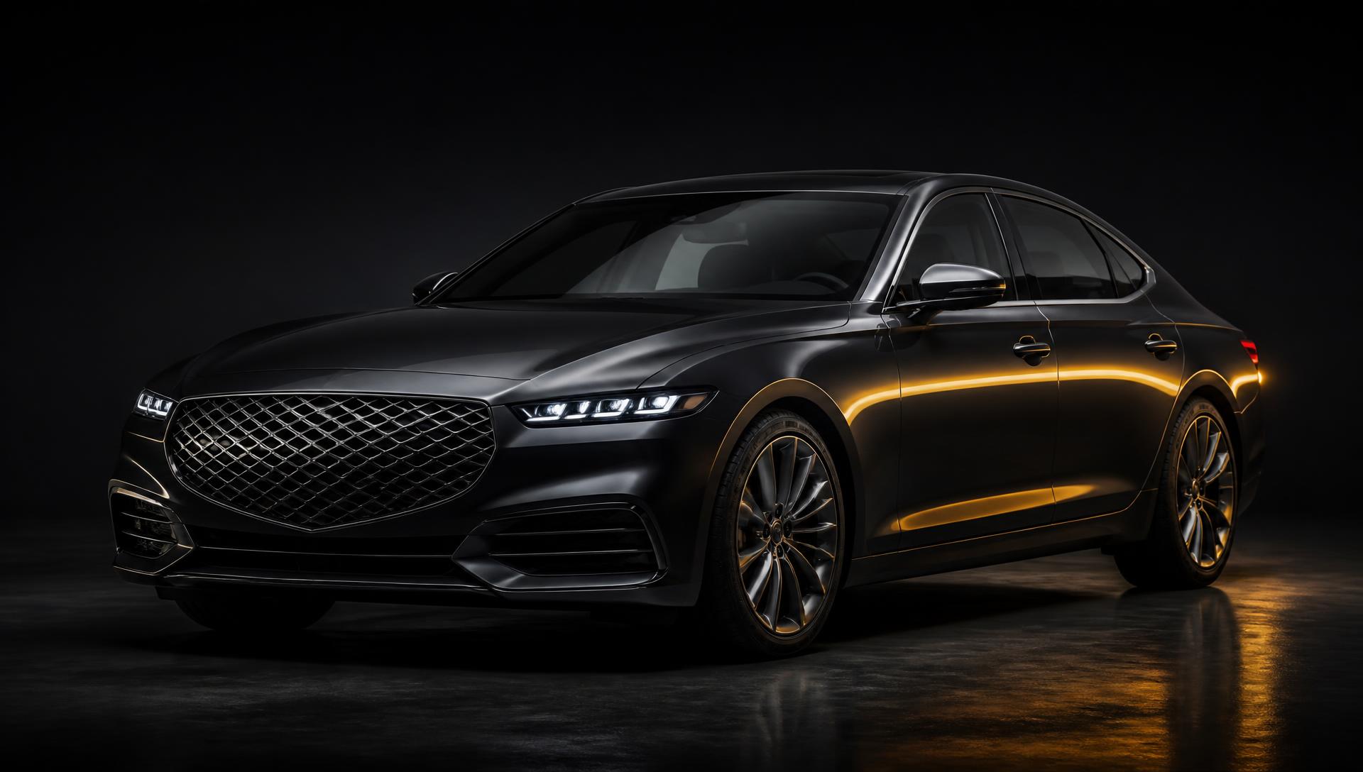 Executive saloon car photographed in a dark studio